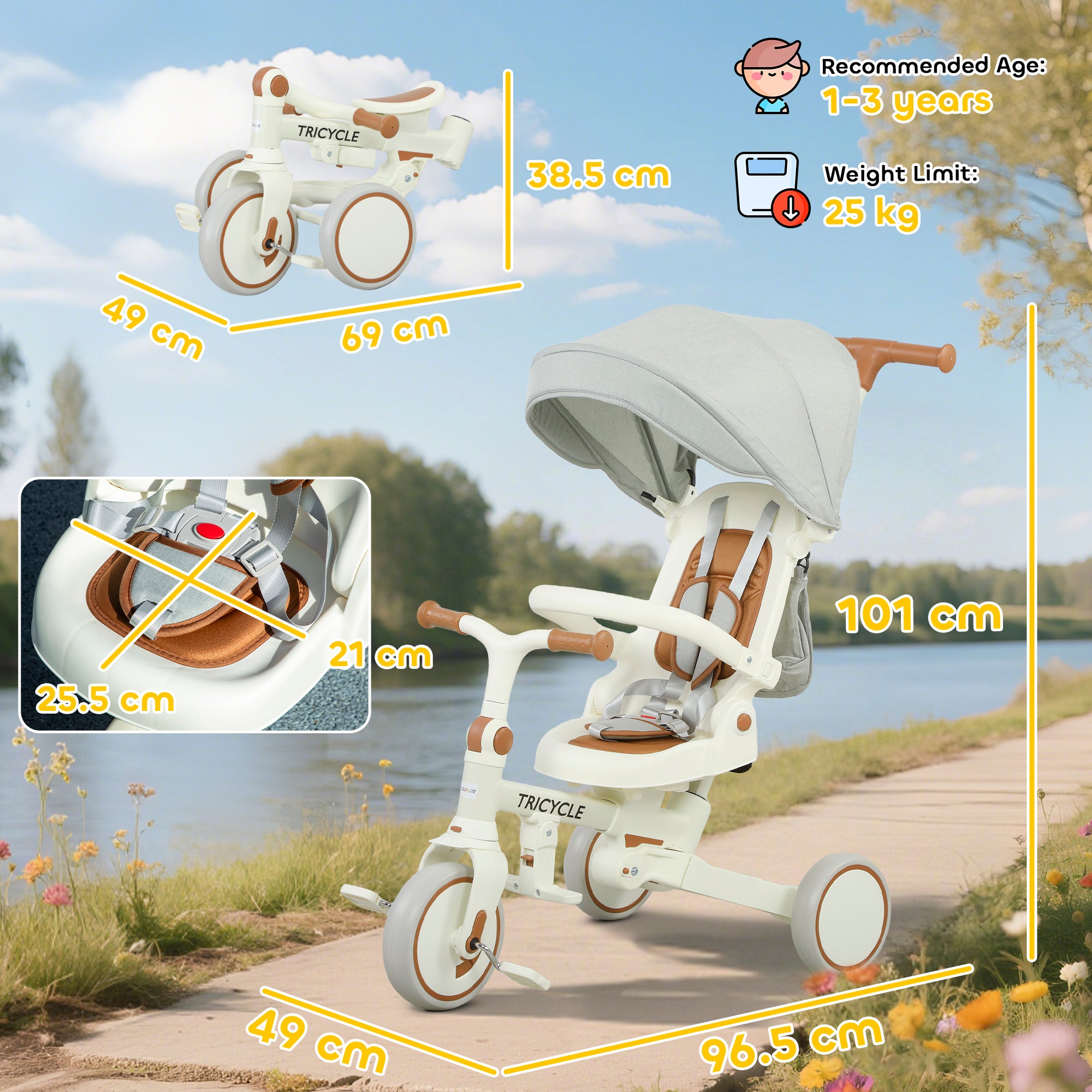 5 in 1 Kids Trike with Adjustable Backrest, Toddler Tricycle with Push Handlebar, Adjustable Backrest, Cream White