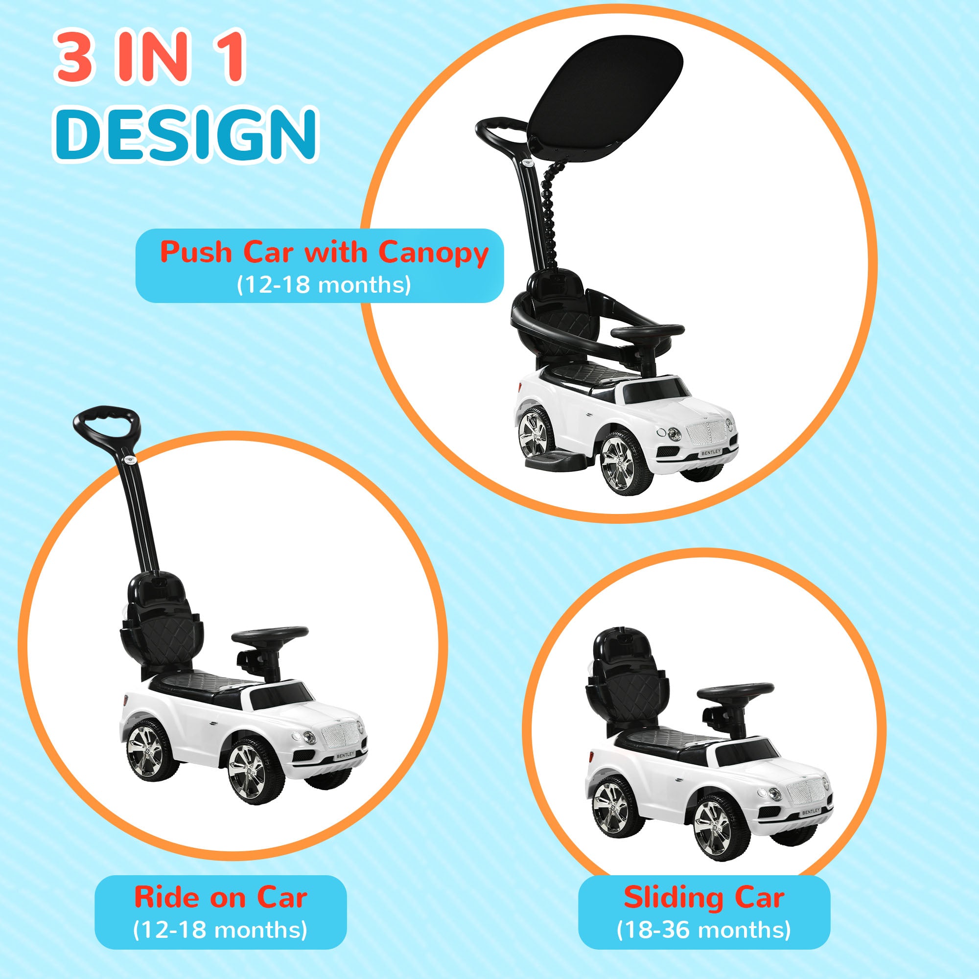 Bentley Bentayga Licensed 3-in-1 Baby Push Car,  Ride on Car Sliding Car with Canopy, Horn Music - White