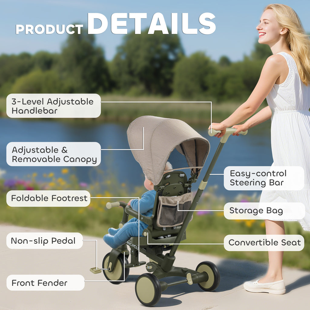 5 in 1 Kids Trike with Adjustable Backrest, Toddler Tricycle with Push Handlebar, Adjustable Backrest, Dark Green