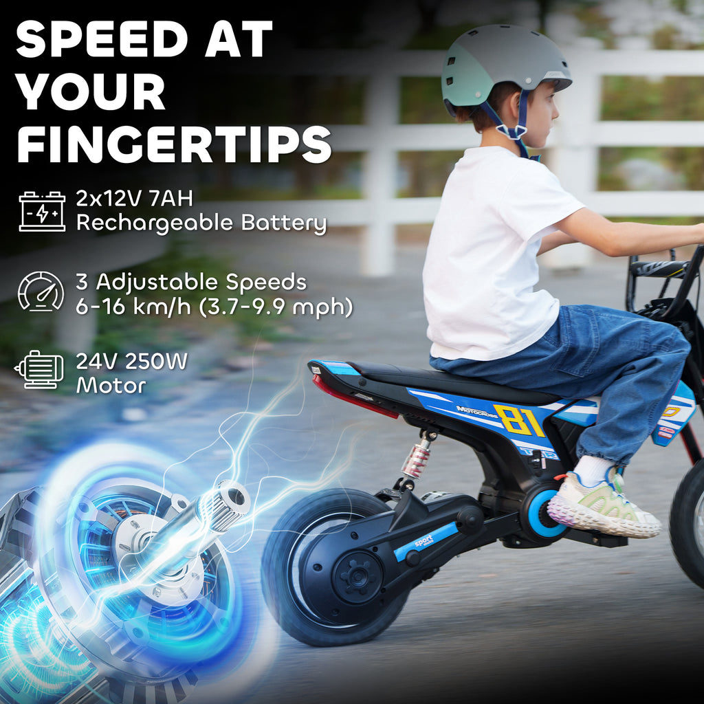 Kids Electric Motorbike, 24V Ride On Motorcycle with 3 Speeds and Rear Suspension, Dirt Bike for 8-12 Years Old