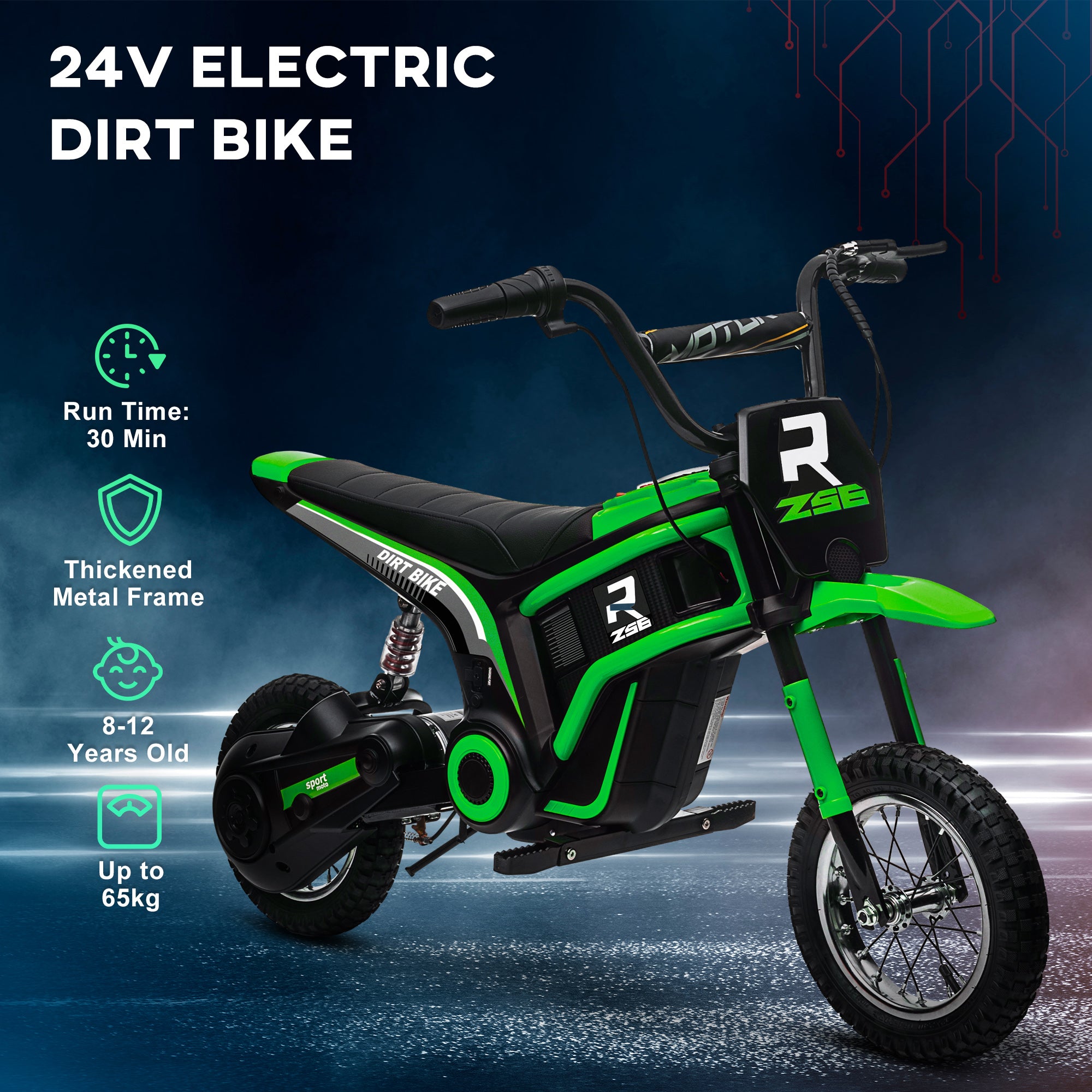 24V Electric Motorbike with Twist Grip Throttle, Music, Horn, 12" Pneumatic Tyres, 16km/h Max Speed