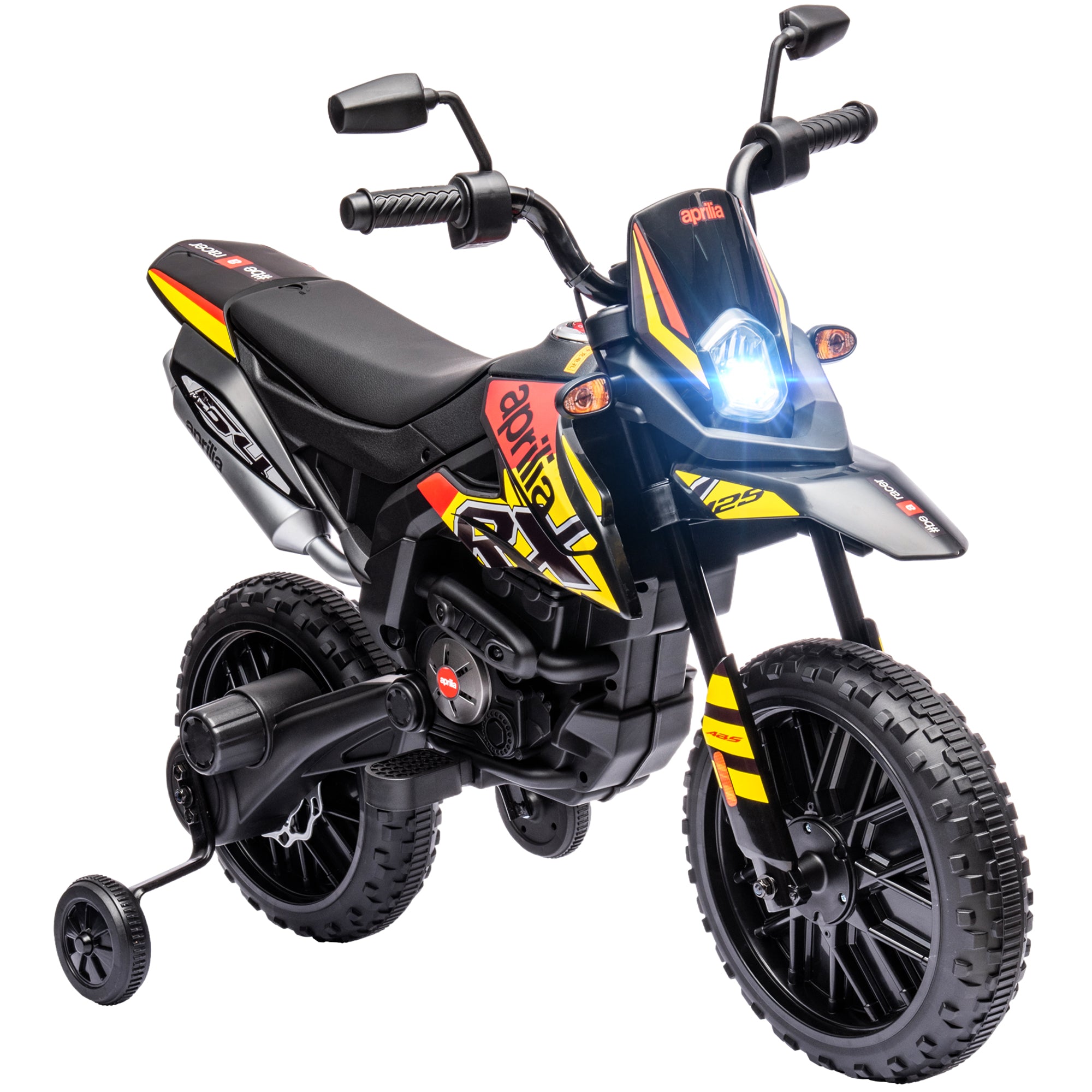 12V Aprilia Licensed Kids Motorbike with Training Wheels, Spring Suspension, LED Headlight, USB, Music