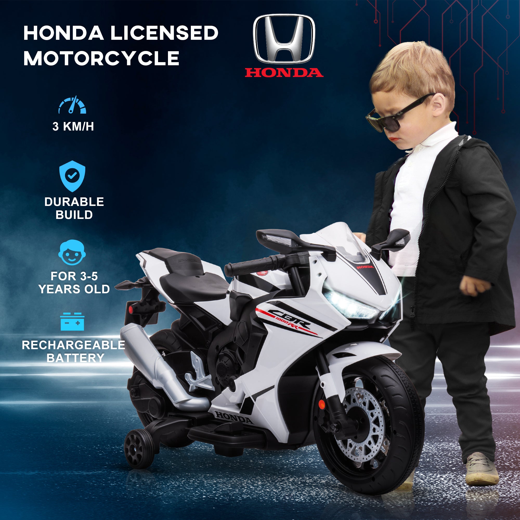 6V Honda Licensed Kids Motorcycle w/ Music, Training Wheels