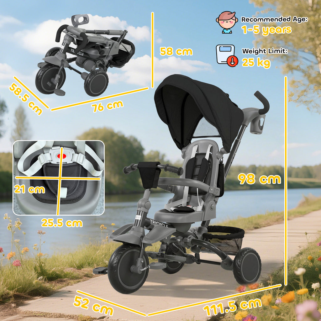 6 in 1 Foldable Kids Trike with Adjustable Parent Handle & Canopy for Ages 1-5, Black