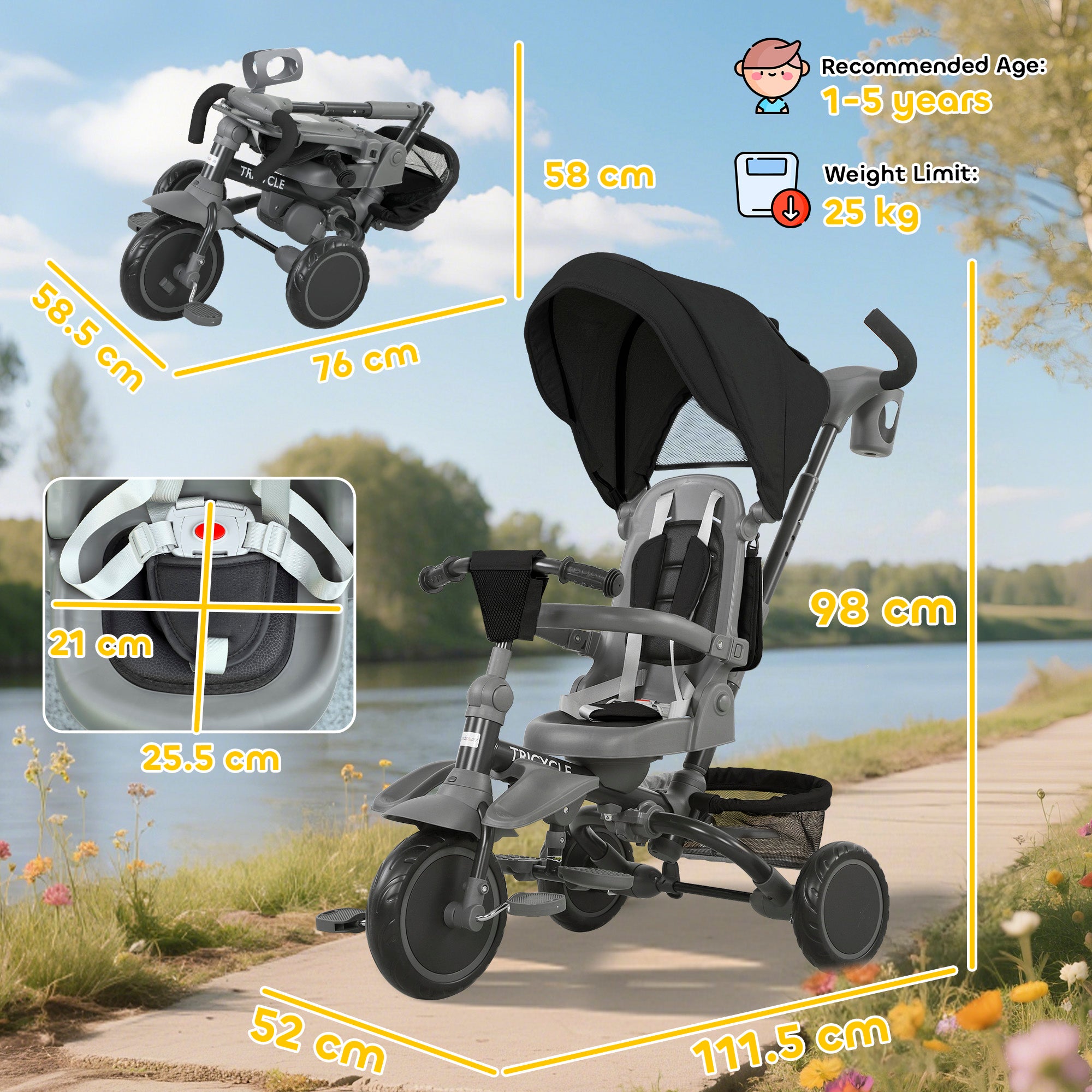 6 in 1 Foldable Kids Trike with Adjustable Parent Handle & Canopy for Ages 1-5, Black