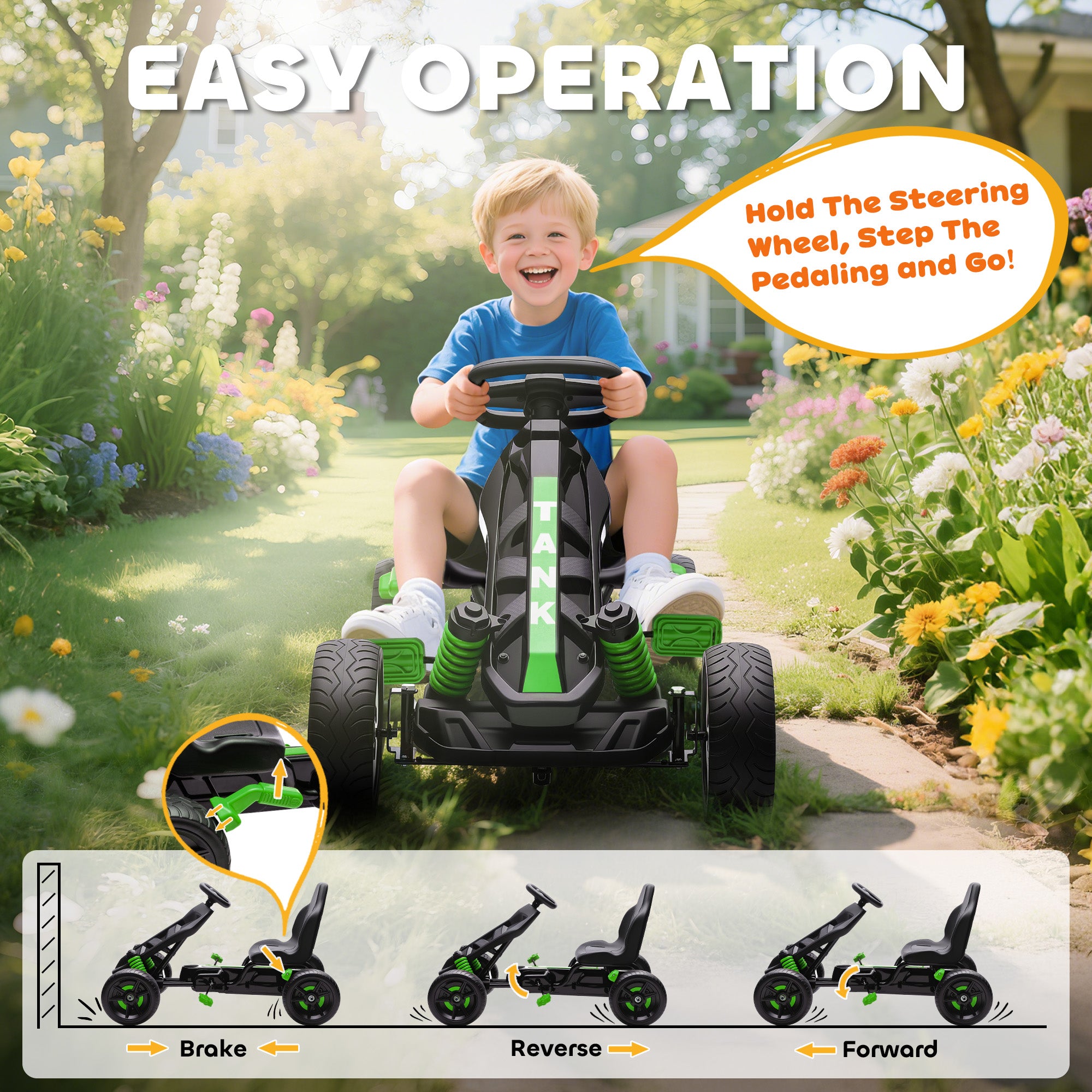Pedal Go Kart for Kids Aged 3-6 Years, with Freewheel System, Brake, EVA Anti-Slip Wheels