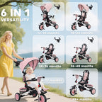 6 in 1 Foldable Kids Trike with Adjustable Parent Handle & Canopy for Ages 1-5, Pink
