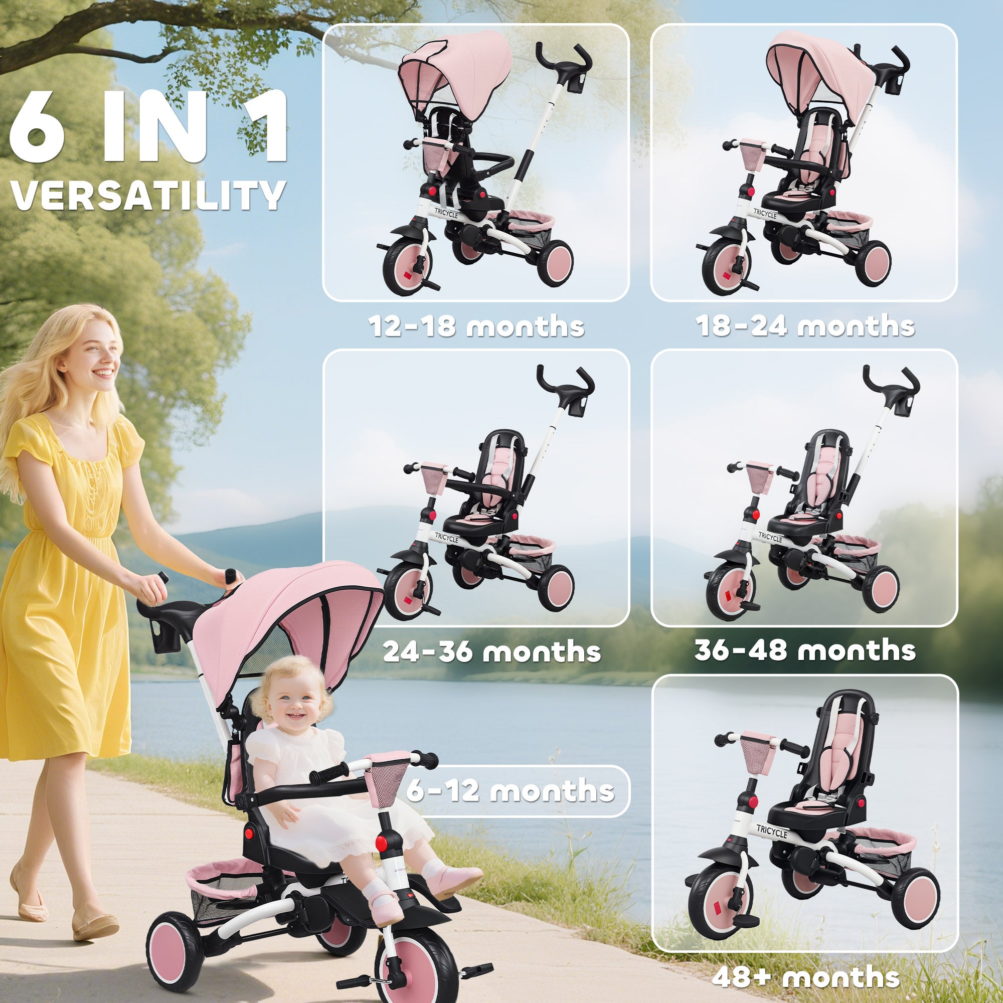 6 in 1 Foldable Kids Trike with Adjustable Parent Handle & Canopy for Ages 1-5, Pink