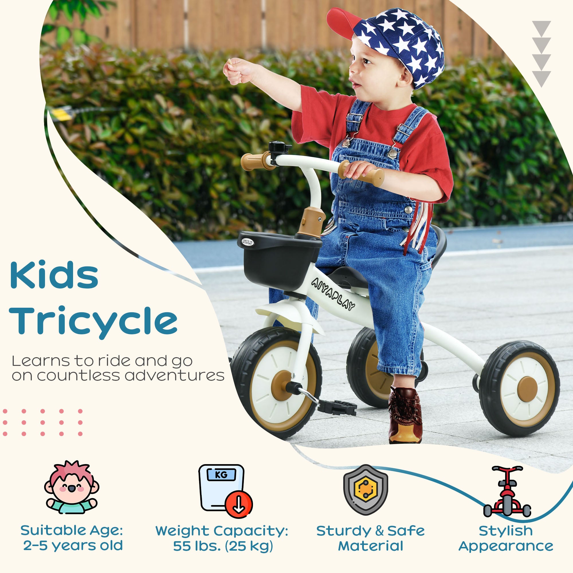 Kids Trike, Tricycle, with Adjustable Seat, Basket, Bell, for Ages 2-5 Years