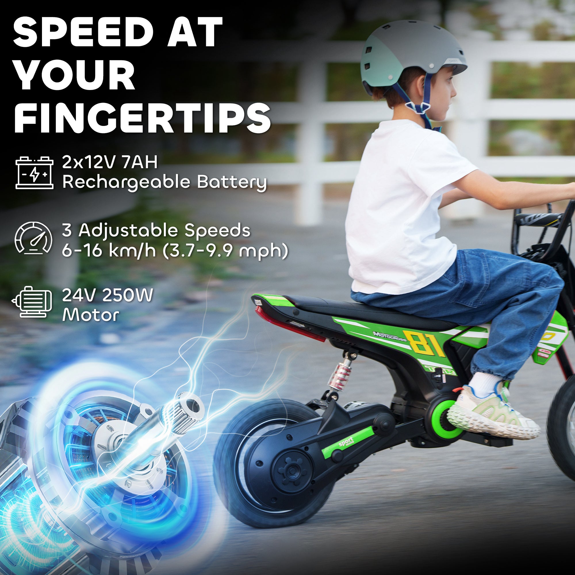 Kids Electric Motorbike, 24V Ride On Motorcycle with 3 Speeds and Rear Suspension, Dirt Bike for 8-12 Years Old