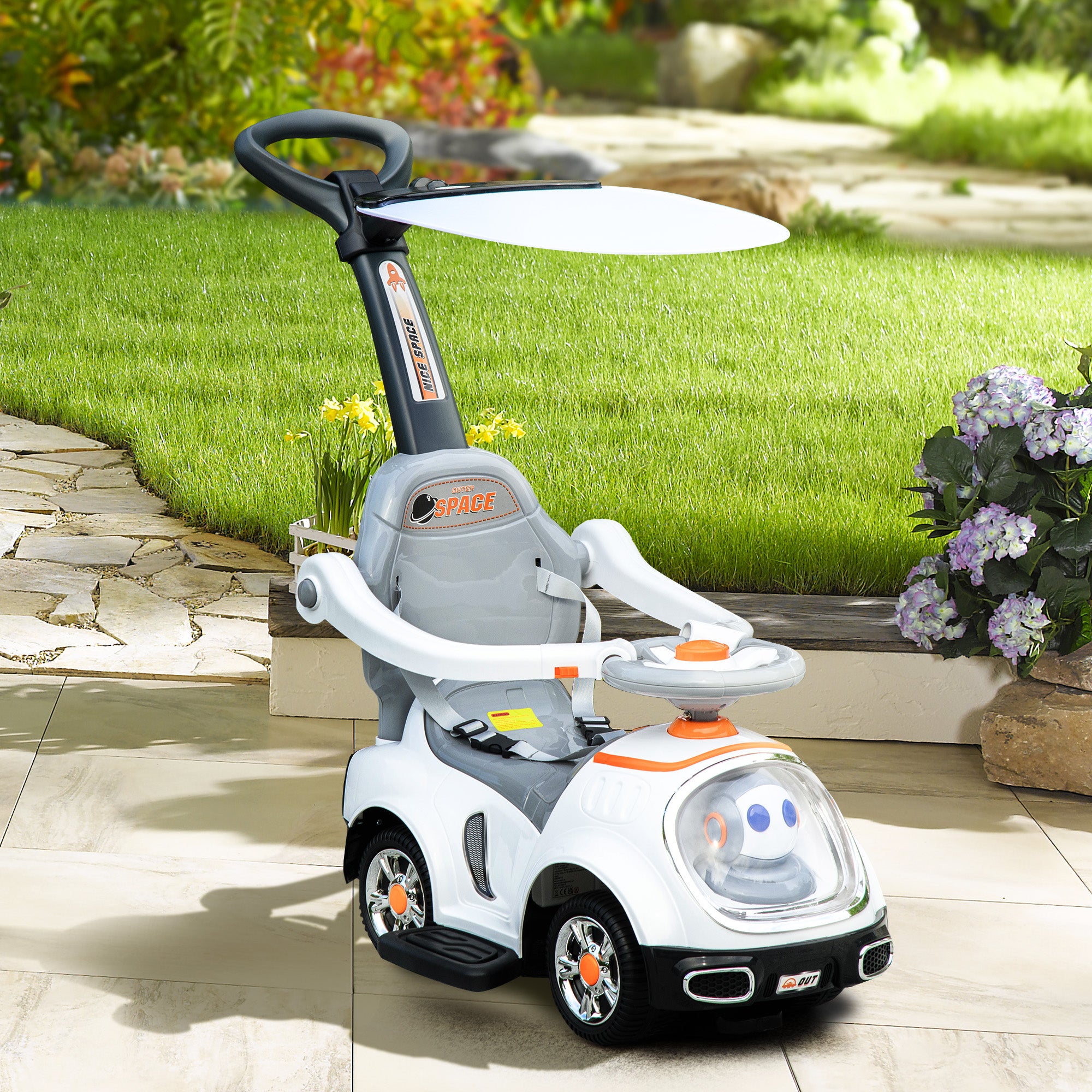 3 in 1 Ride on Push Car, Cartoon Robot Theme Foot to Floor Slider w/ Handle Light Music Horn, Storage