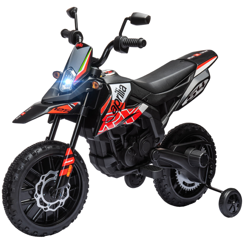 12V Aprilia Licensed Kids Motorbike with Training Wheels, Spring Suspension, LED Headlight, USB, Music