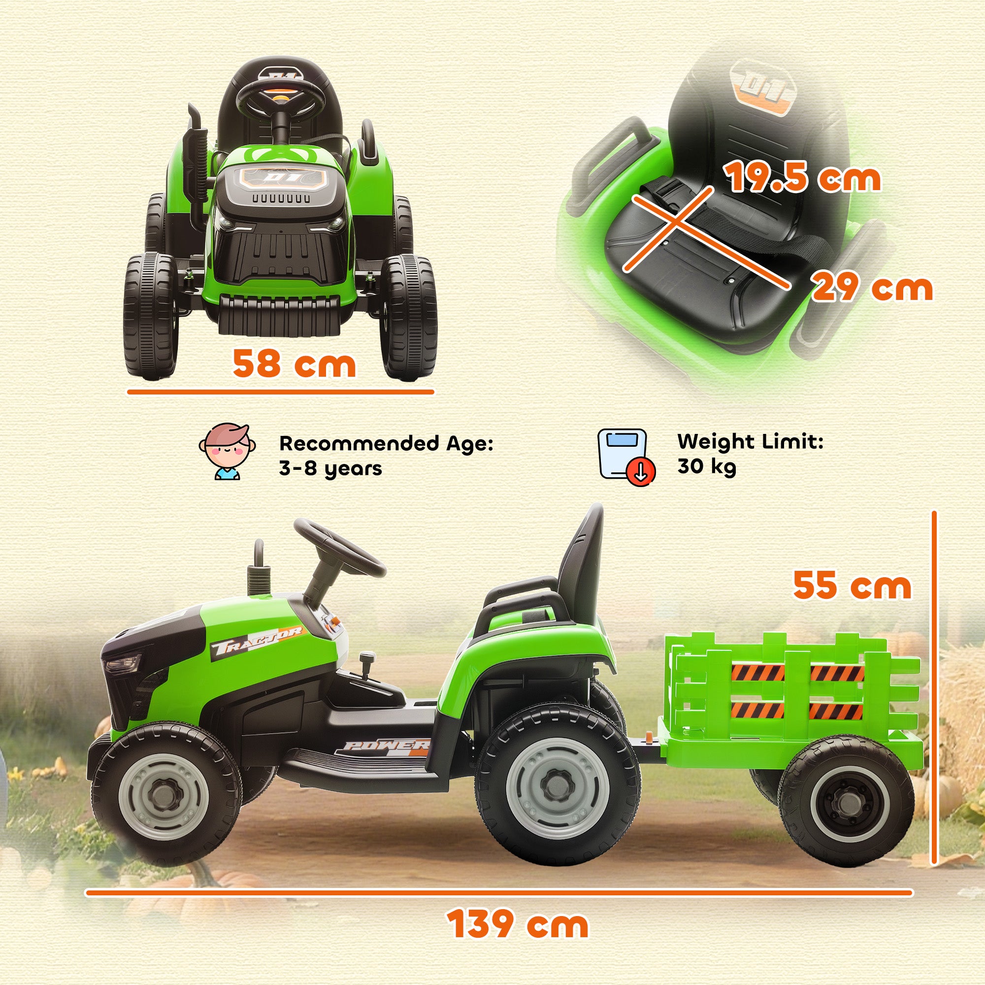 12V Ride on Tractor and Trailer with Remote Control, Music, Shifter, Start-Up Sound, for Kids Ages 3-8 Years, Green
