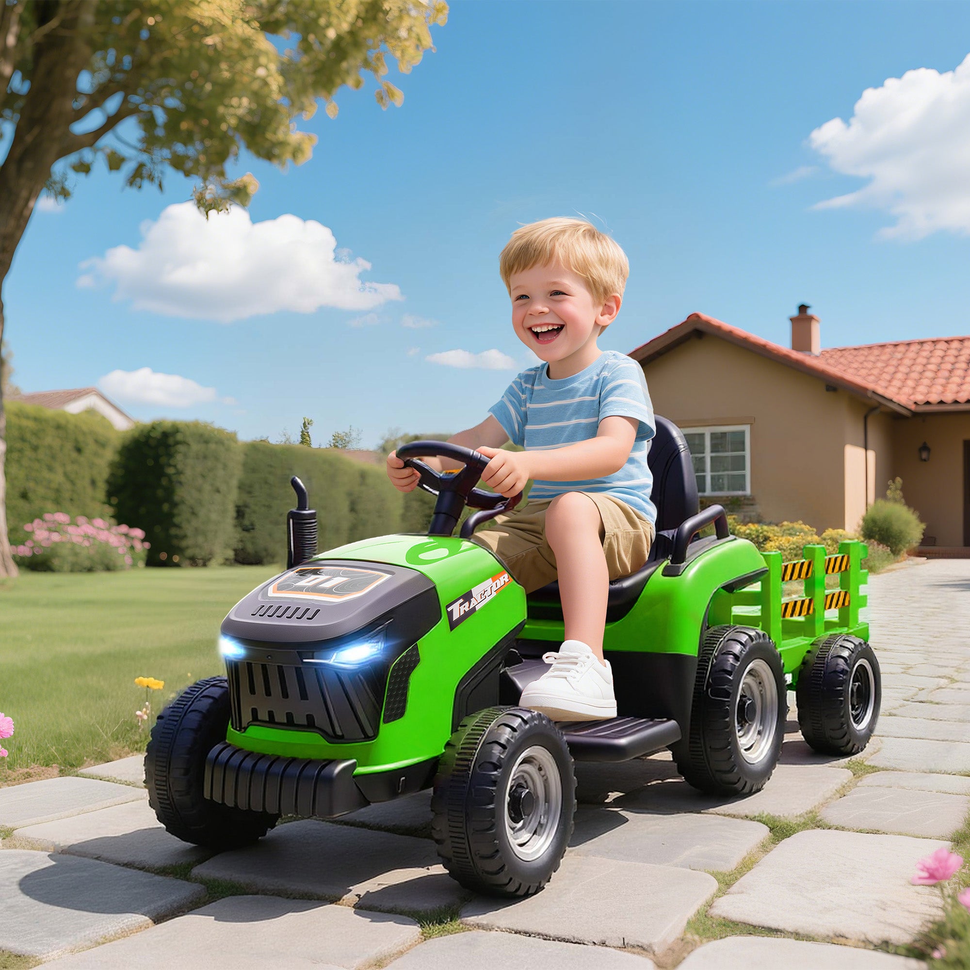 12V Ride on Tractor and Trailer with Remote Control, Music, Shifter, Start-Up Sound, for Kids Ages 3-8 Years, Green