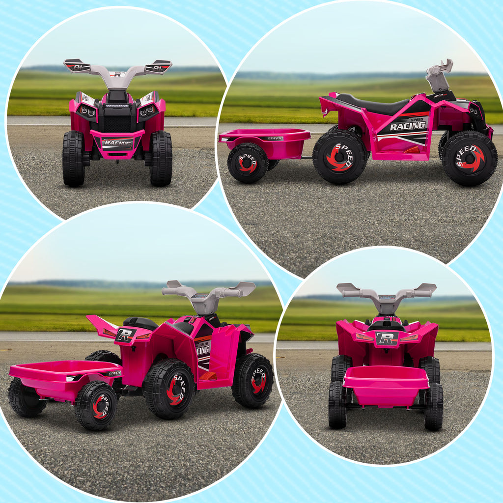 6V Quad Bike with Back Trailer, Wear-Resistant Wheels, for Ages 18-36 Months