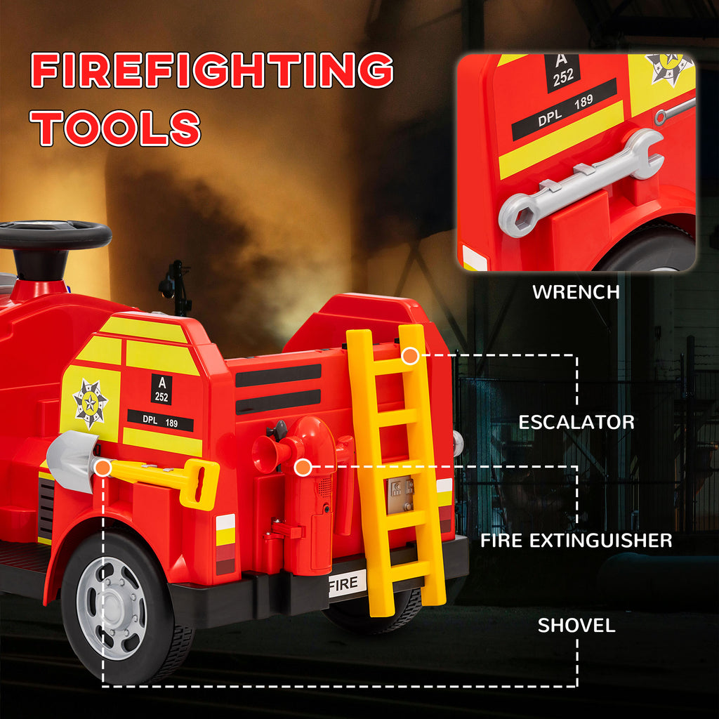 Ride On Fire Truck, 12V Kids Electric Car with Siren, Flashing Lights, Firefighting Tools, Music, Horn, Slow Start, Red