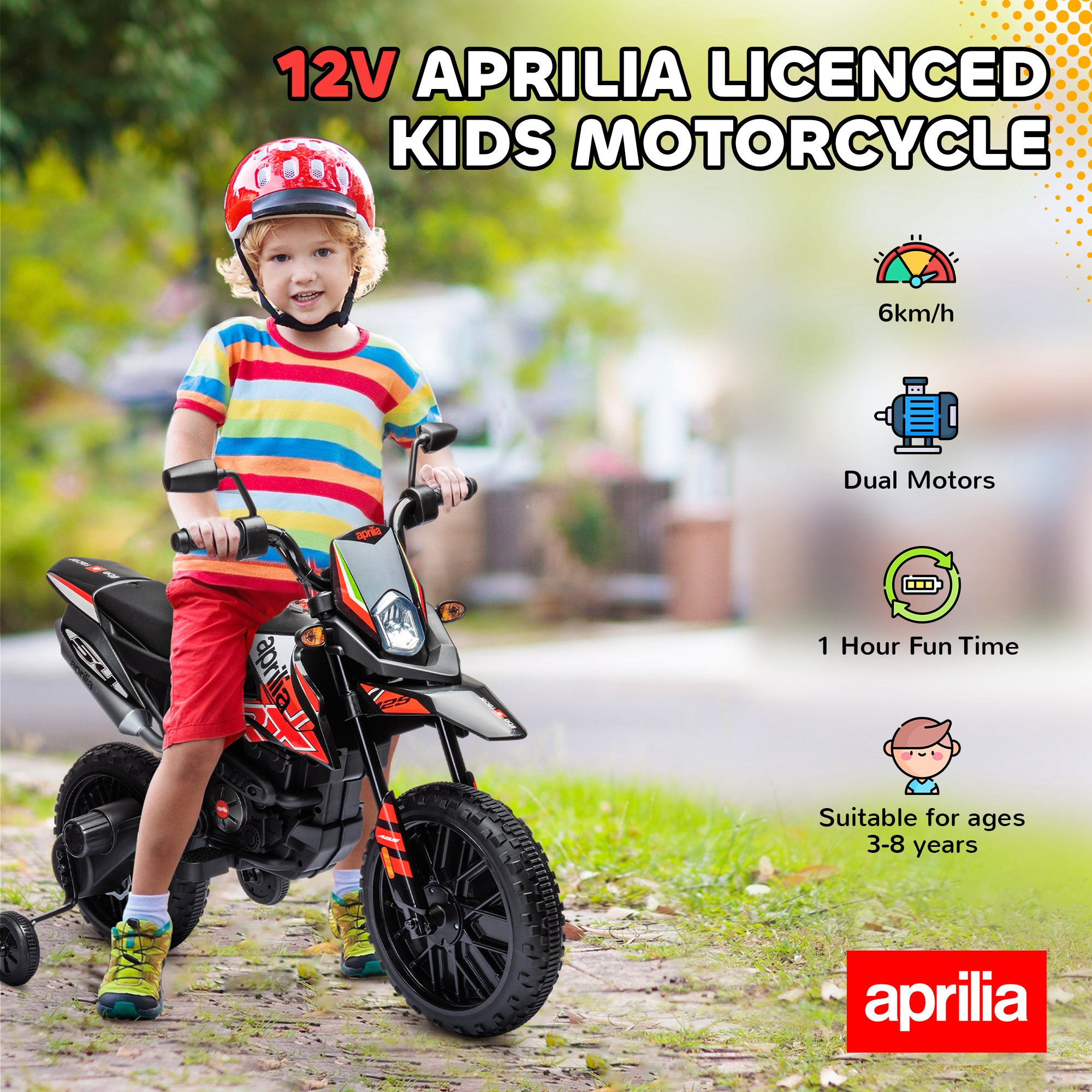12V Aprilia Licensed Kids Motorbike with Training Wheels, Spring Suspension, LED Headlight, USB, Music