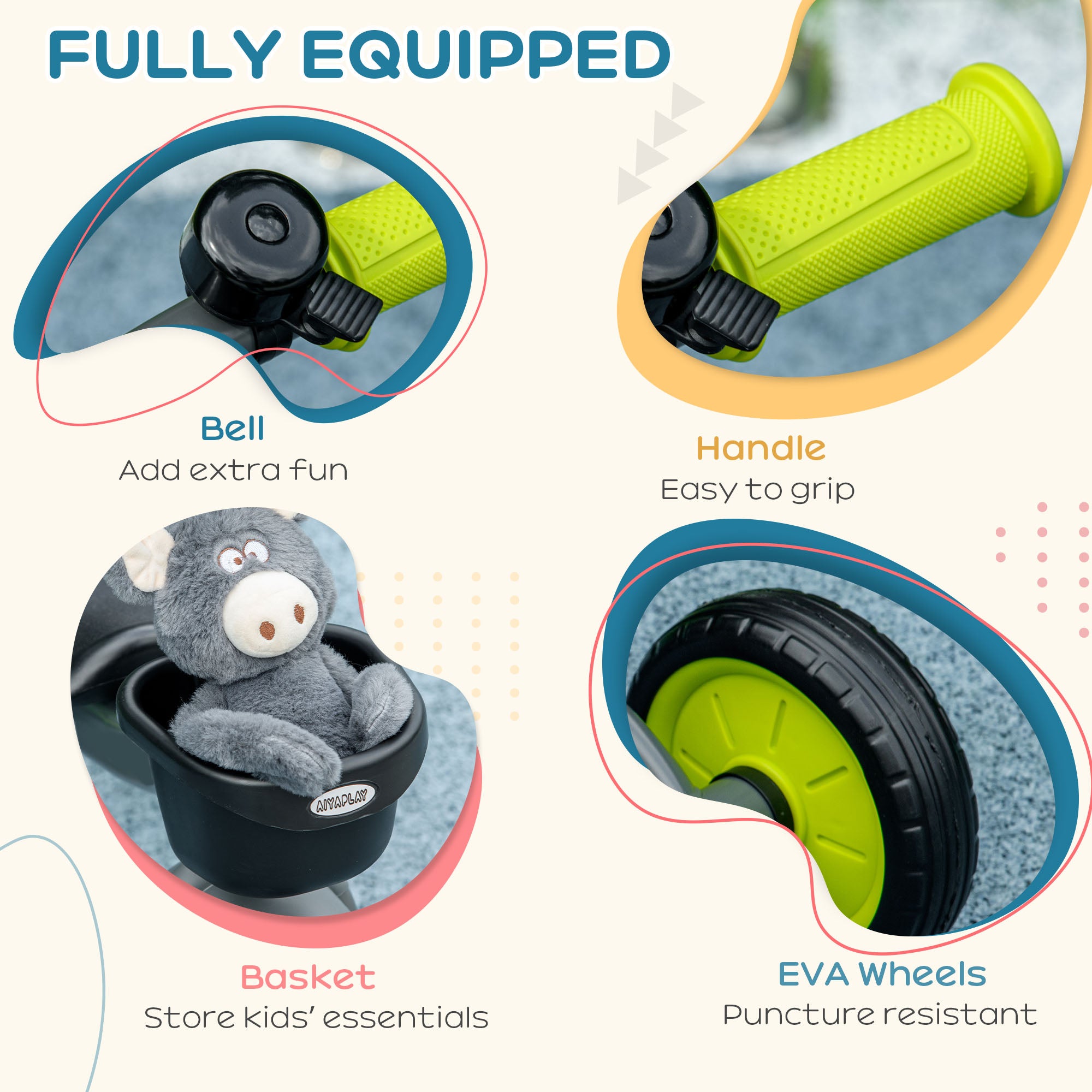 Kids Trike, Tricycle, with Adjustable Seat, Basket, Bell, for Ages 2-5 Years