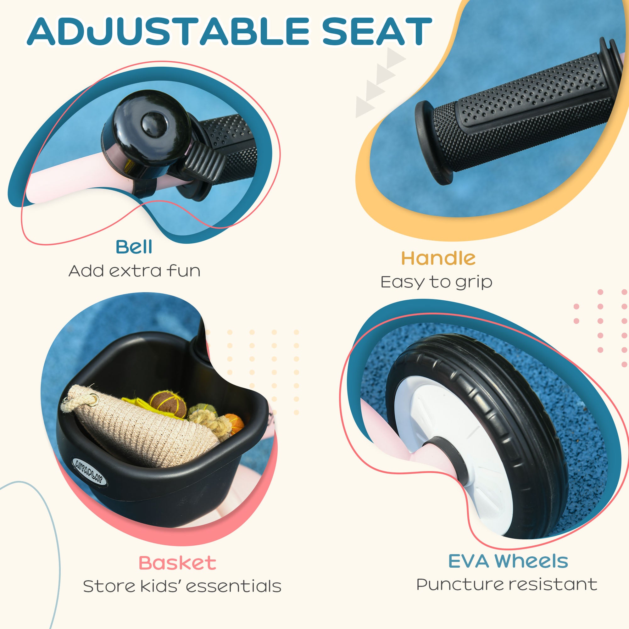 Kids Trike, Tricycle, with Adjustable Seat, Basket, Bell, for Ages 2-5 Years