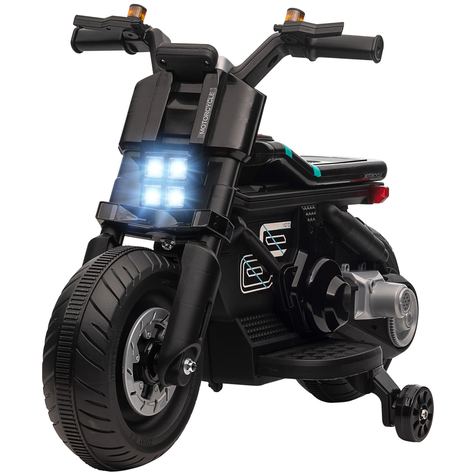 Kids Electric Motorbike with Siren, Horn, Headlights, Music, Training Wheels, for Ages 3-5 Years - Black