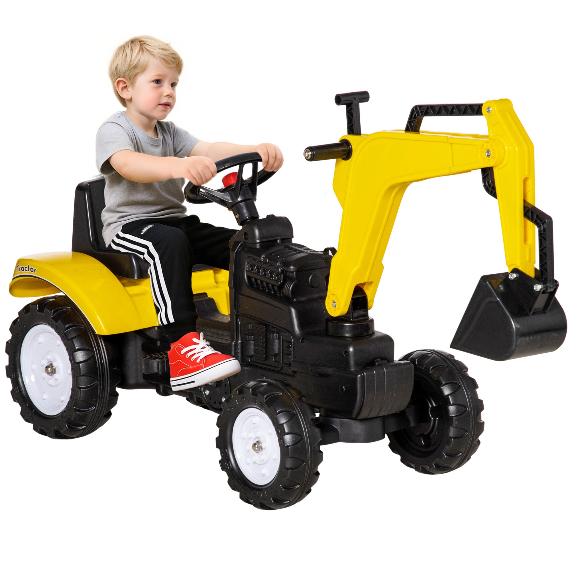 Kids Ride on Digger Pedal Go Kart Pretend Play Construction No Power Truck with Horn for 3 - 6 Years, Yellow