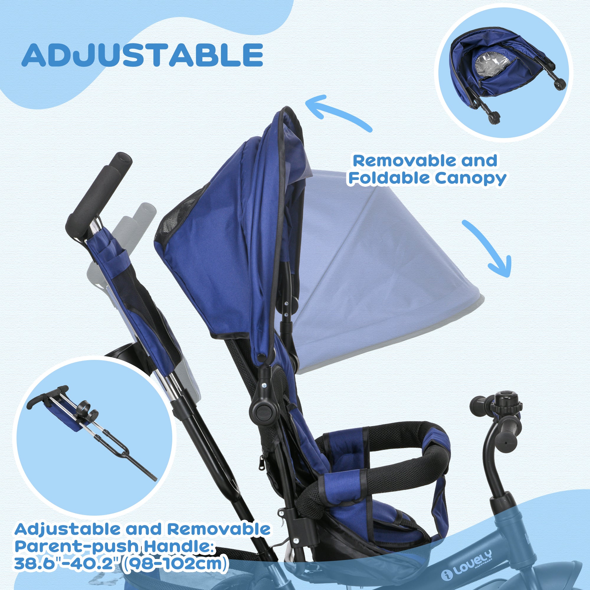 6 in 1 Kids Trike Push Bike with Push Handle, Canopy, 5-point Safety Belt, Storage, Footrest, Brake, for 1-5 Years, Dark