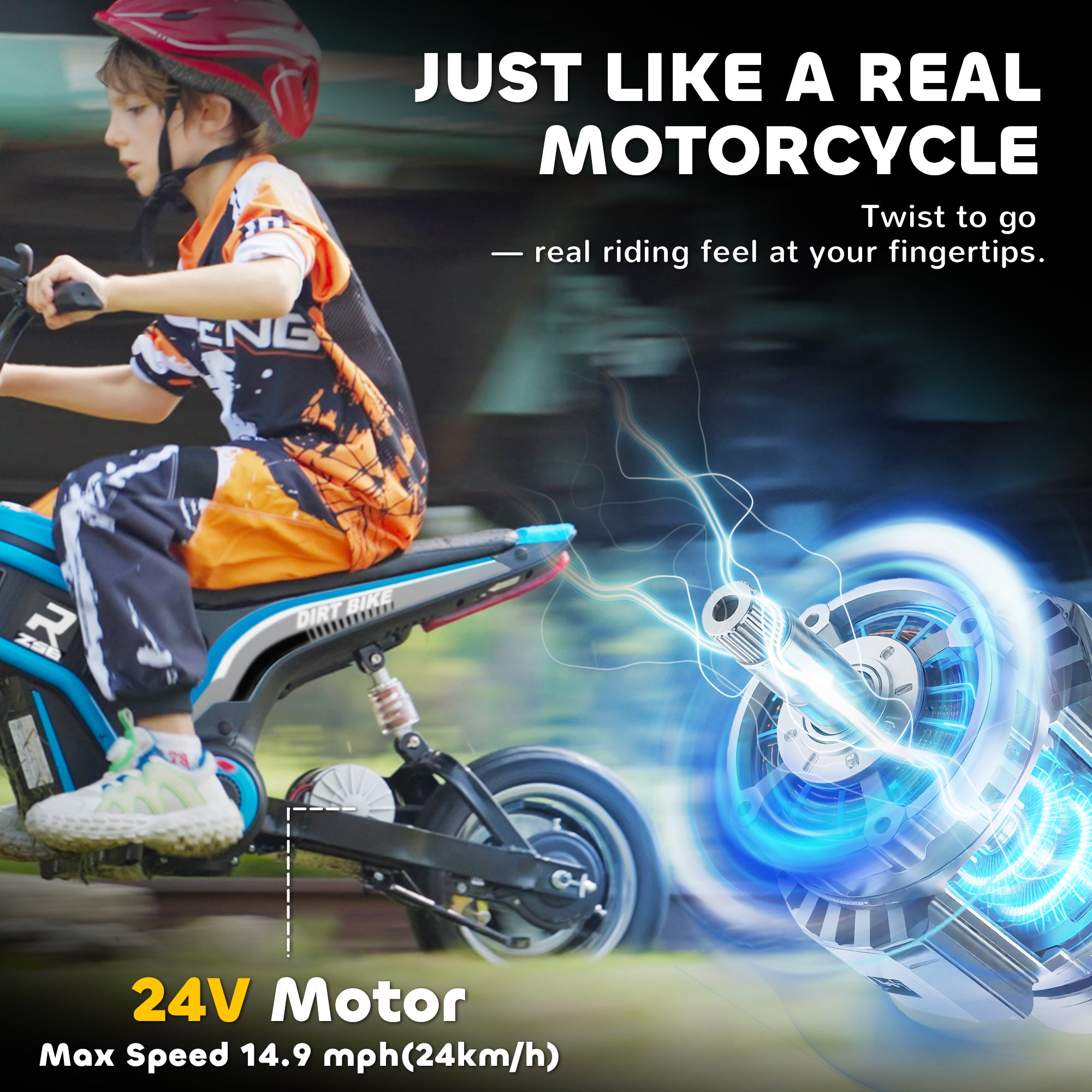 24V Electric Motorbike with Twist Grip Throttle, Music, Horn, 12" Pneumatic Tyres, 16km/h Max Speed