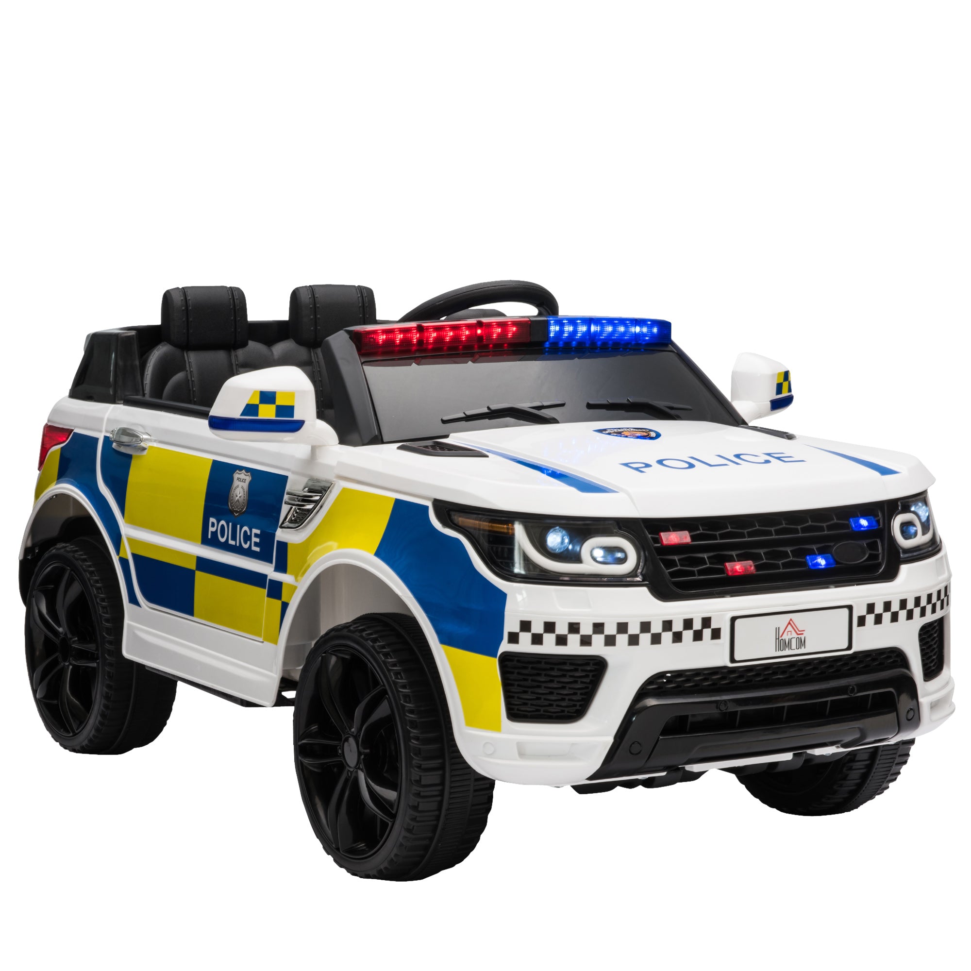 12V Kids Electric Ride On Police Car 2 Motors with Parental Remote Control Siren Flashing Lights USB Portable for 3-6 Years White