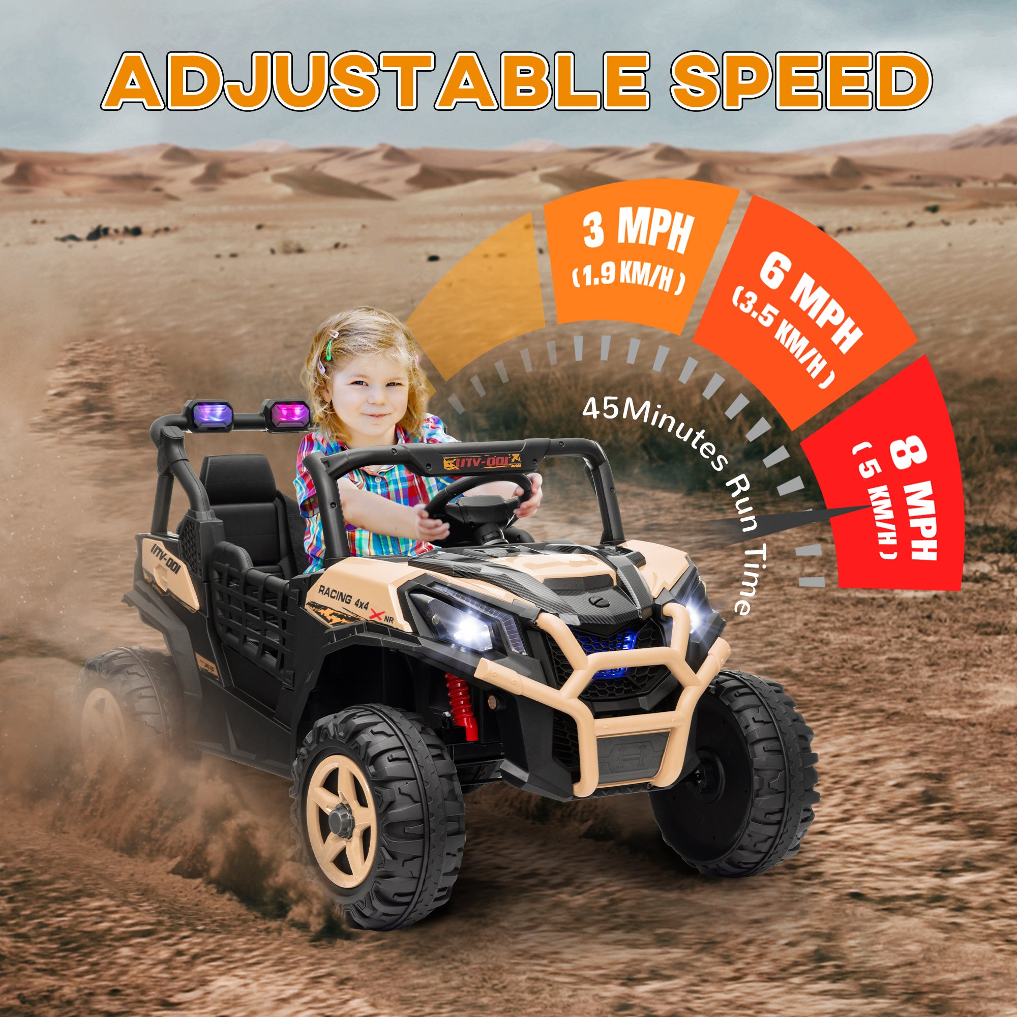 24V 2 Seater Kids Electric Car with Remote Control, Suspension System,  Slow Start, 3 Speeds, for 3-8 Years, Khaki