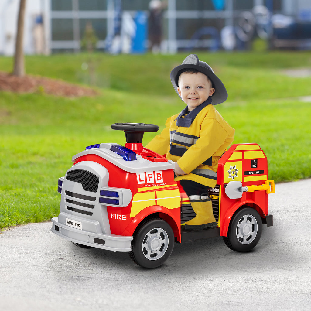 Ride On Fire Truck, 12V Kids Electric Car with Siren, Flashing Lights, Firefighting Tools, Music, Horn, Slow Start, Red