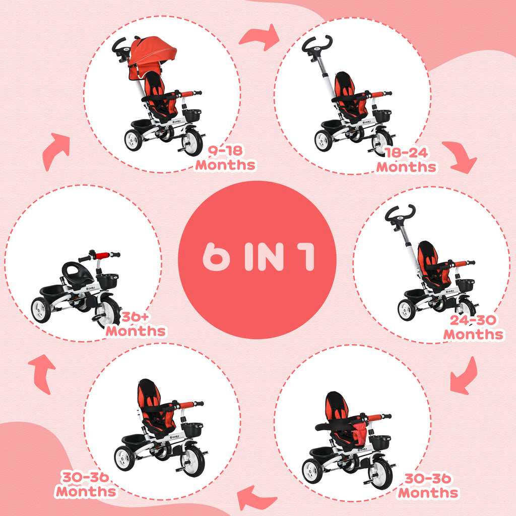 Metal Frame 6 in 1 Baby Push Tricycle with Parent Handle for 1-5 Years Old
