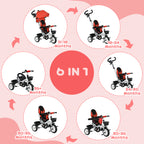 Metal Frame 6 in 1 Baby Push Tricycle with Parent Handle for 1-5 Years Old
