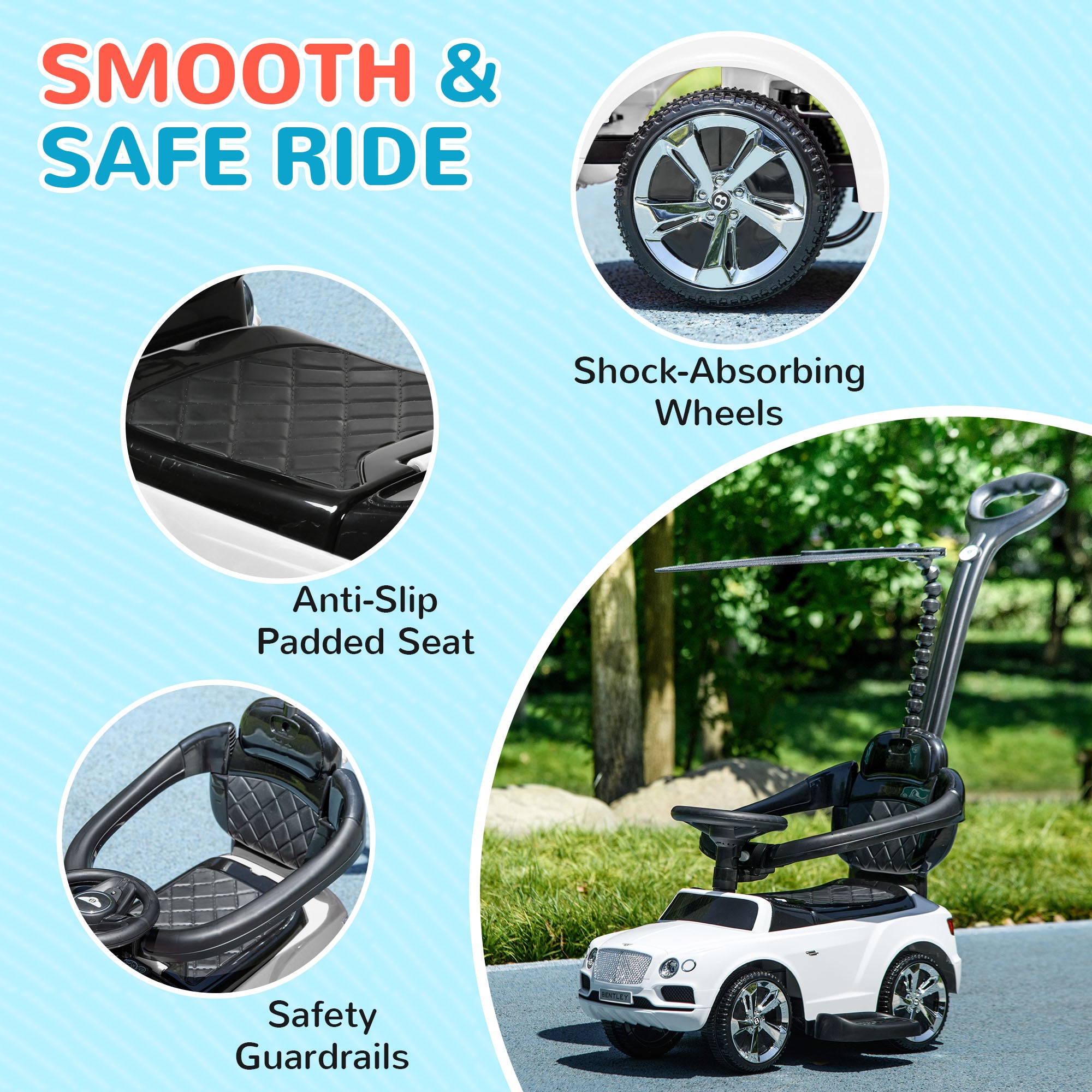 Bentley Bentayga Licensed 3-in-1 Baby Push Car,  Ride on Car Sliding Car with Canopy, Horn Music - White