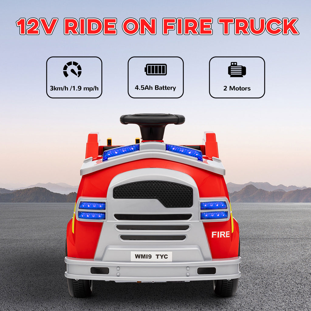 Ride On Fire Truck, 12V Kids Electric Car with Siren, Flashing Lights, Firefighting Tools, Music, Horn, Slow Start, Red