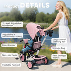 6 in 1 Foldable Kids Trike with Adjustable Parent Handle & Canopy for Ages 1-5, Pink