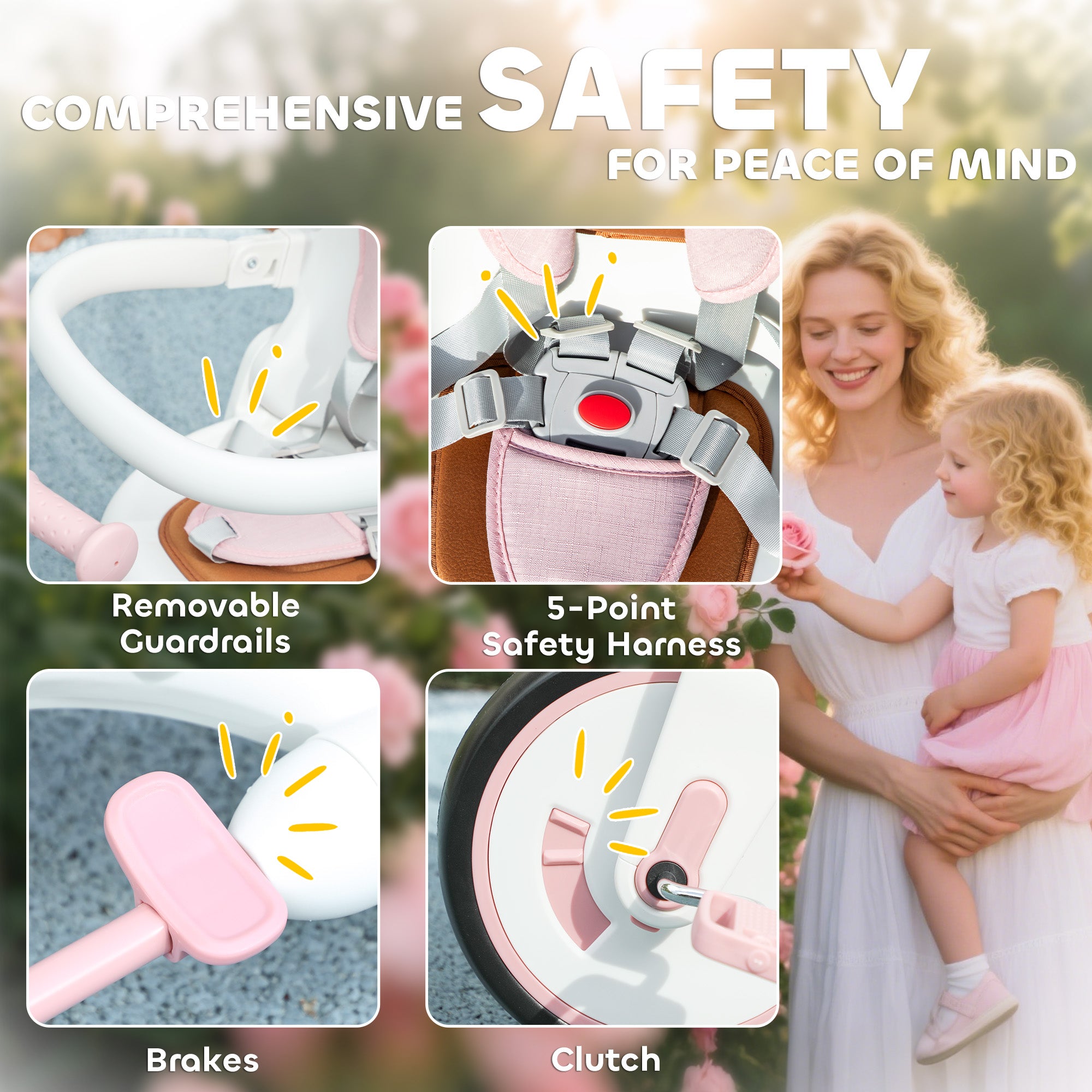 5 in 1 Kids Trike with Adjustable Backrest, Toddler Tricycle with Push Handlebar, Adjustable Backrest, Pink