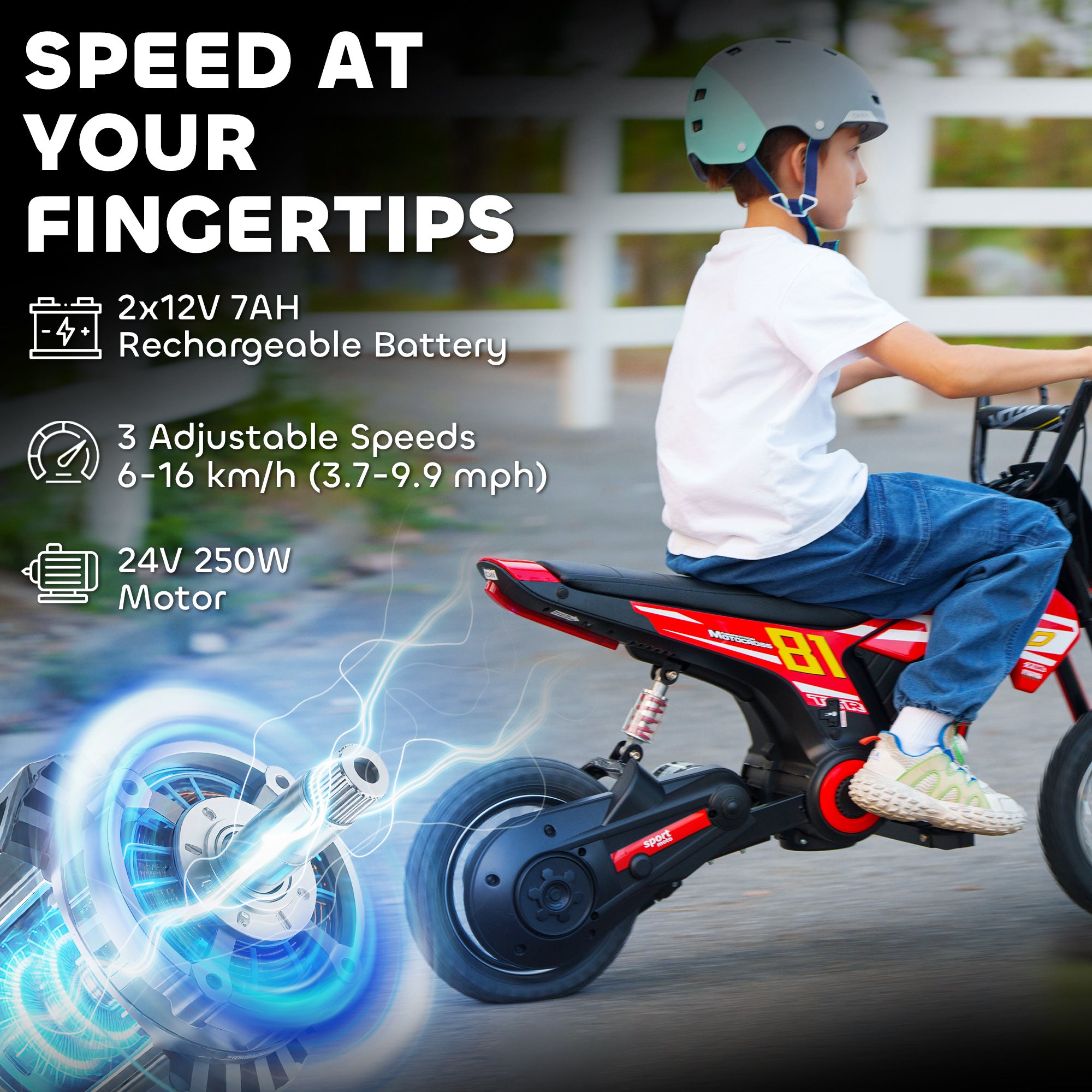 Kids Electric Motorbike, 24V Ride On Motorcycle with 3 Speeds and Rear Suspension, Dirt Bike for 8-12 Years Old