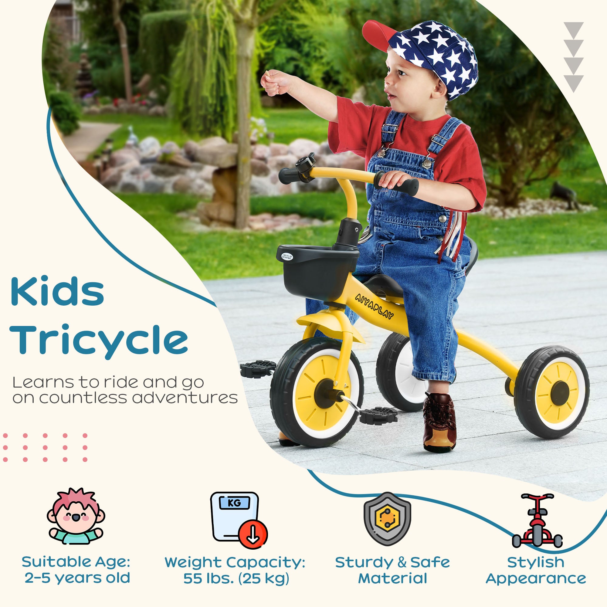Kids Trike, Tricycle, with Adjustable Seat, Basket, Bell, for Ages 2-5 Years