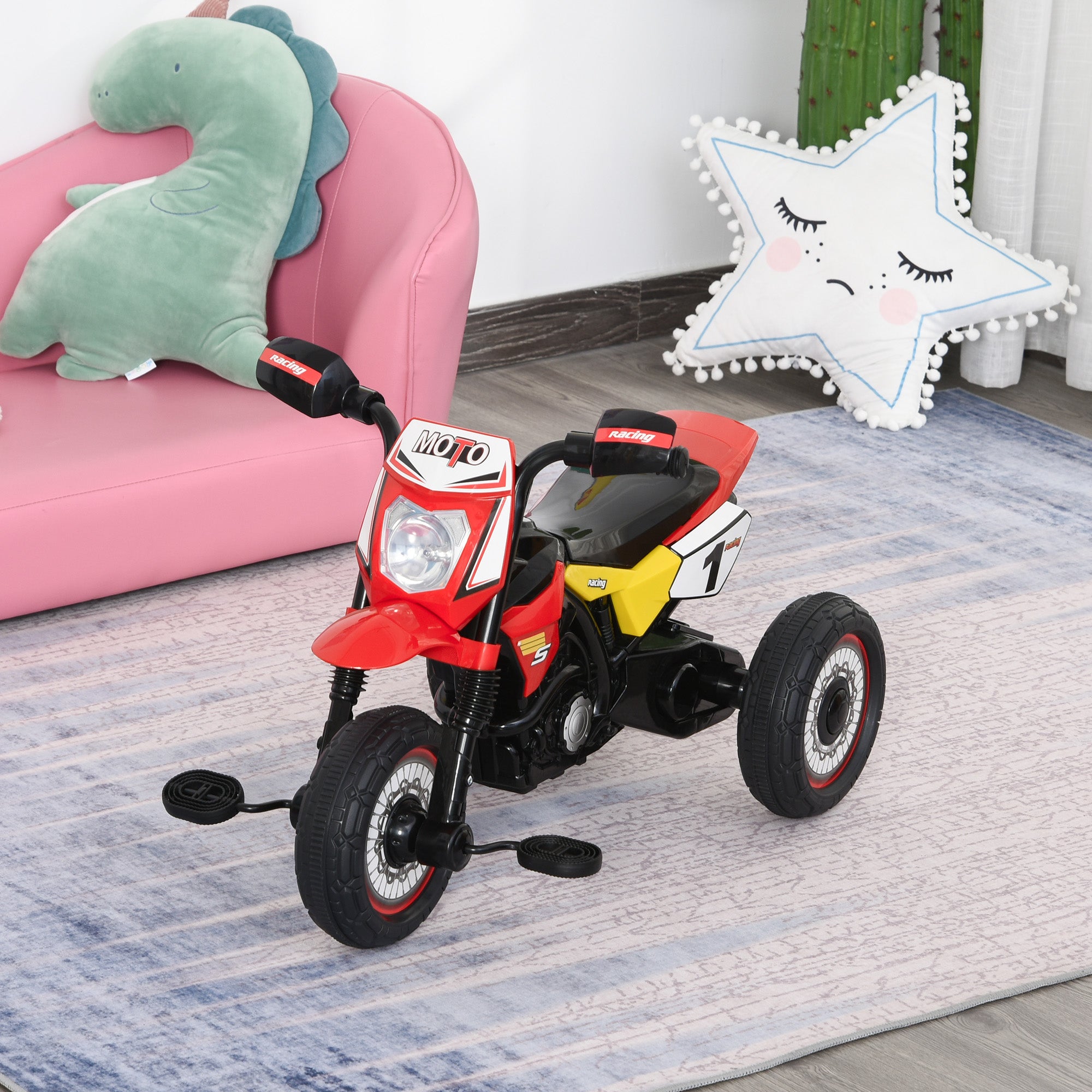 Toddler Pedal Motorcycle Kids Ride On Tricycle Early Learning w/ Music Lights Handlebar Stickers Exercise Boys Girls Gift for Kids 18 - 36 Months