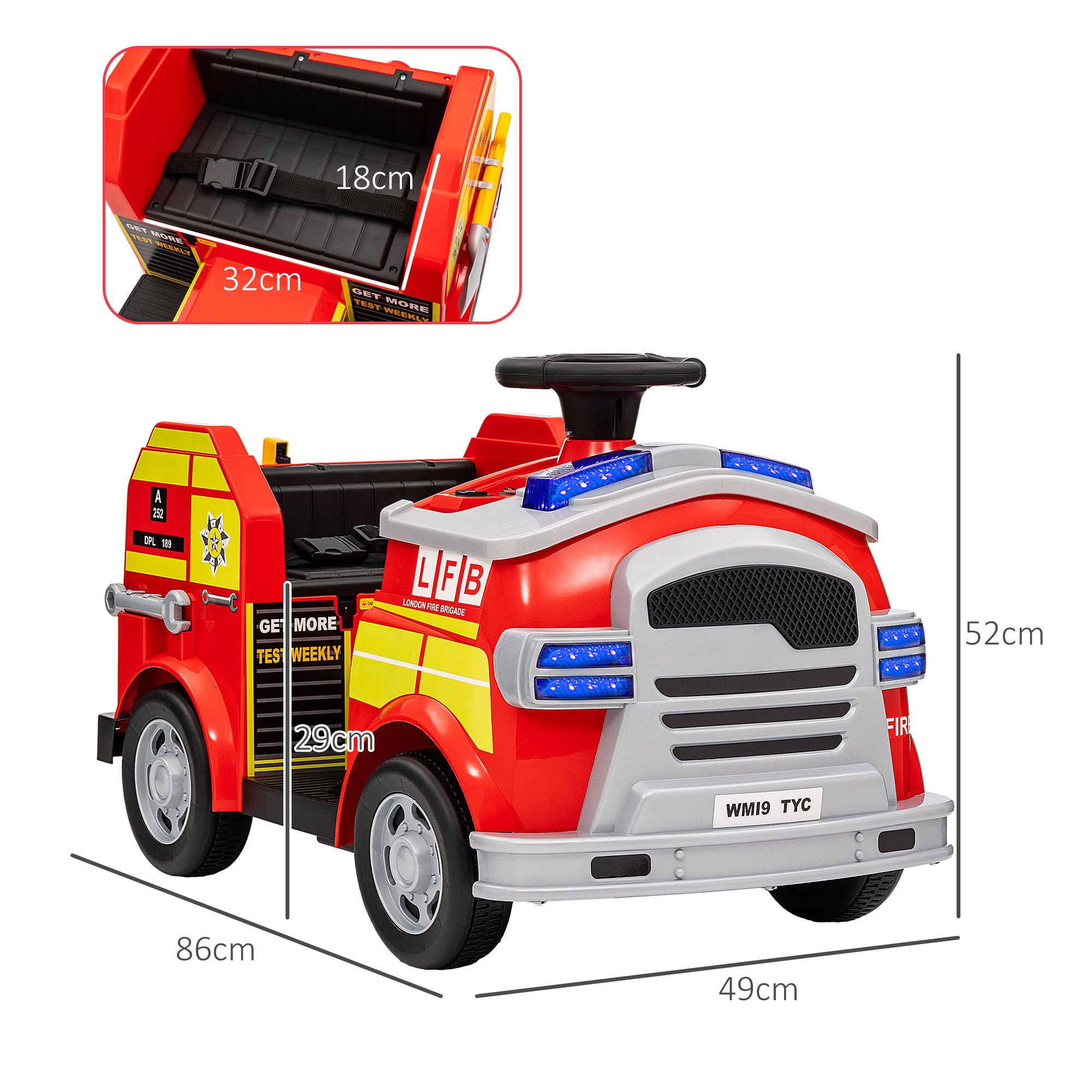 Ride On Fire Truck, 12V Kids Electric Car with Siren, Flashing Lights, Firefighting Tools, Music, Horn, Slow Start, Red