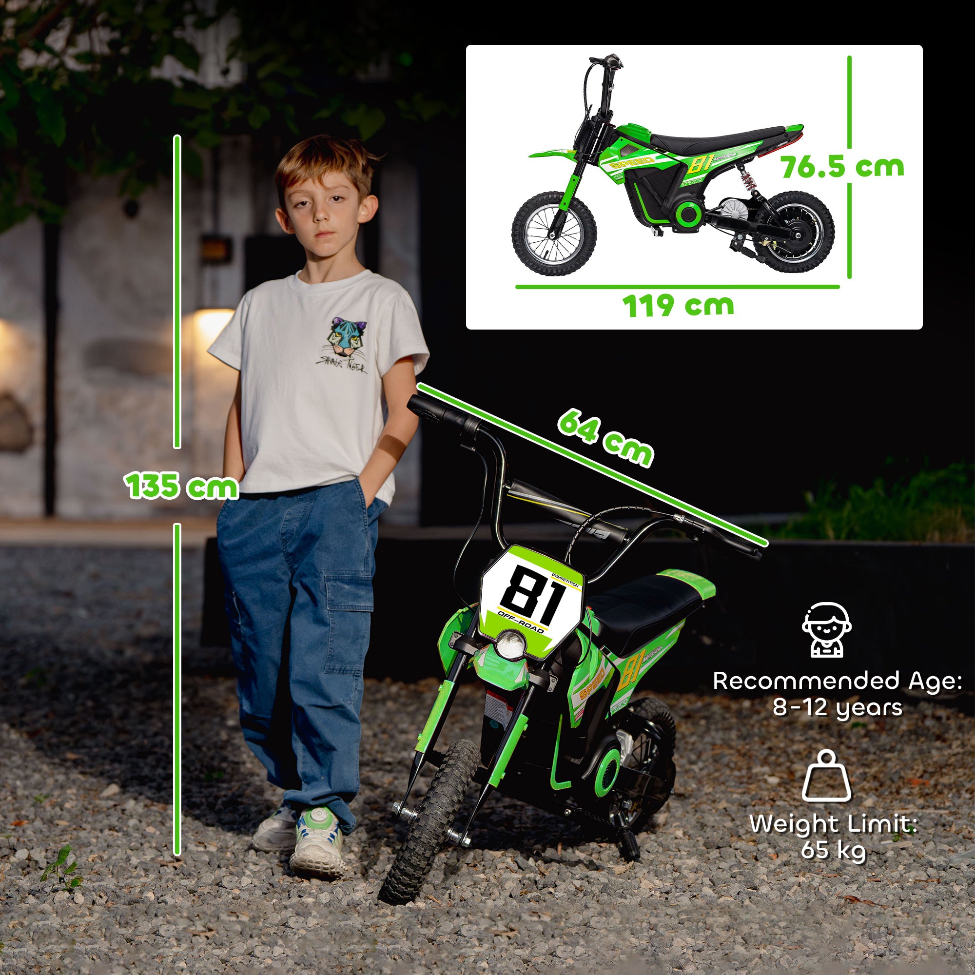 Kids Electric Motorbike, 24V Ride On Motorcycle with 3 Speeds and Rear Suspension, Dirt Bike for 8-12 Years Old