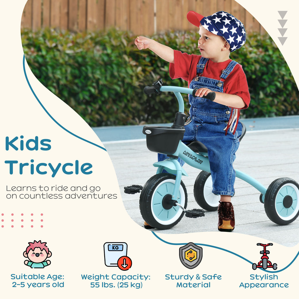 Kids Trike, Tricycle, with Adjustable Seat, Basket, Bell, for Ages 2-5 Years