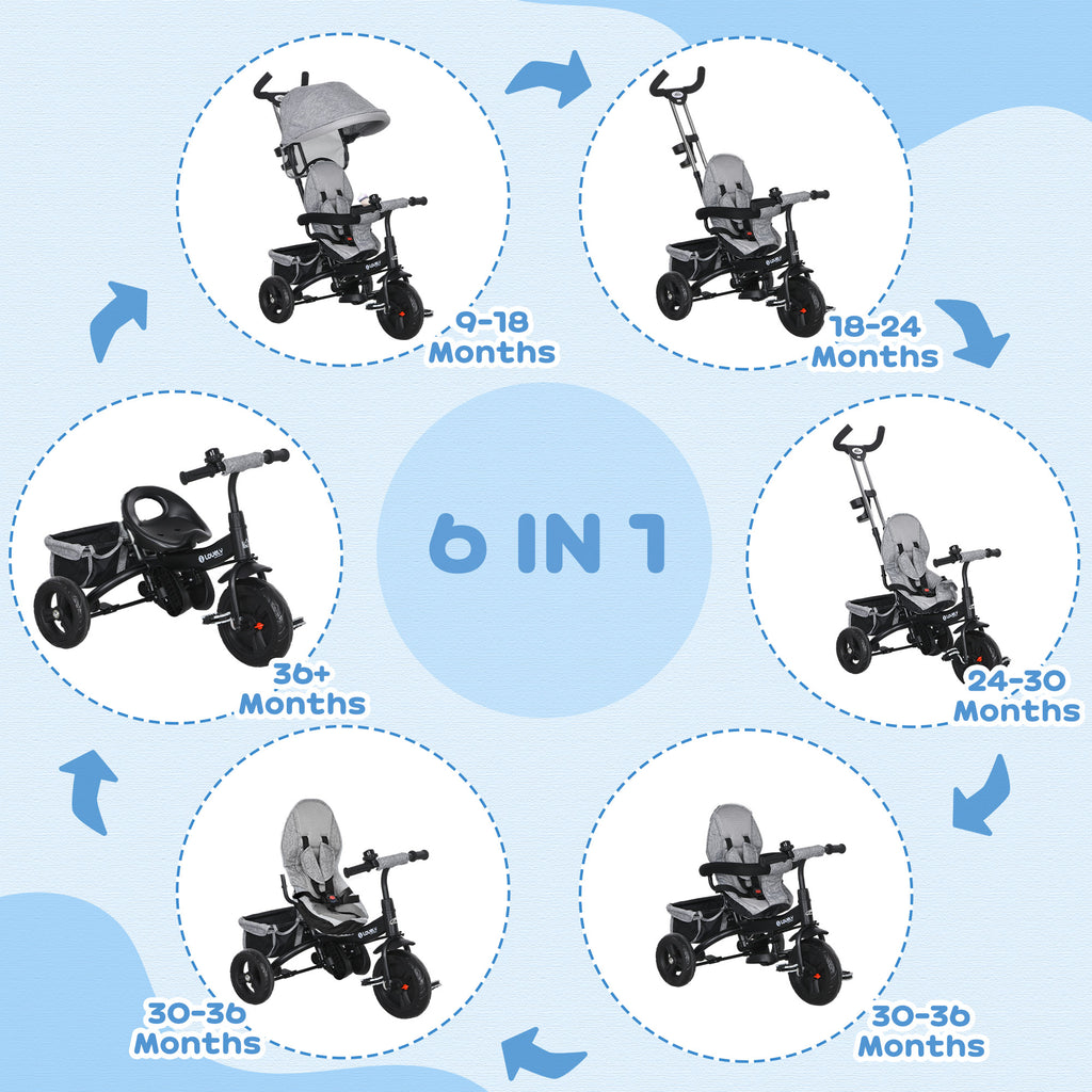 6 in 1 Kids Trike Push Bike w/ Push Handle, Canopy, 5-point Safety Belt, Storage, Footrest, Brake, for 1-5 Years