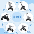 6 in 1 Kids Trike Push Bike w/ Push Handle, Canopy, 5-point Safety Belt, Storage, Footrest, Brake, for 1-5 Years