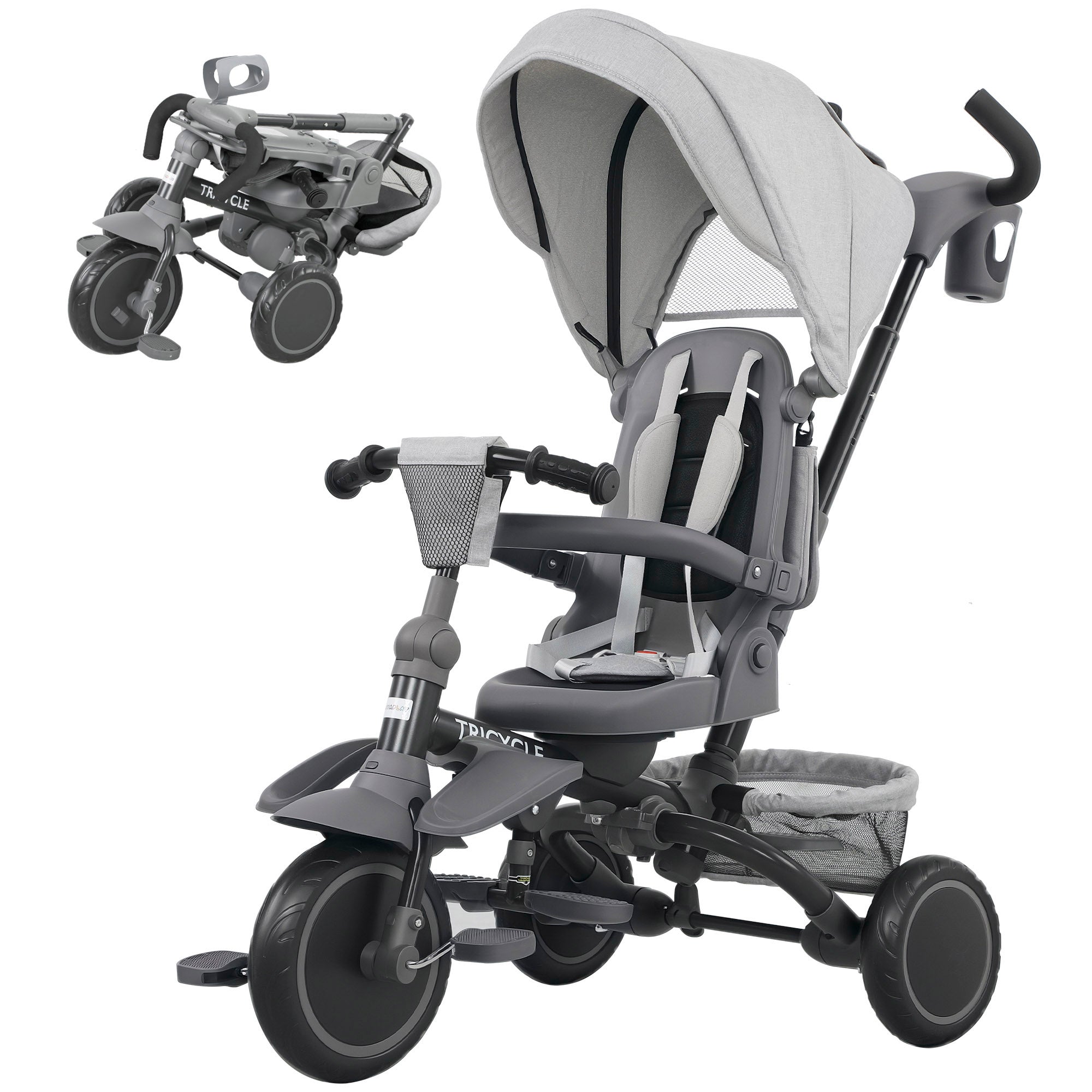 6 in 1 Foldable Kids Trike with Adjustable Parent Handle & Canopy for Ages 1-5, Grey