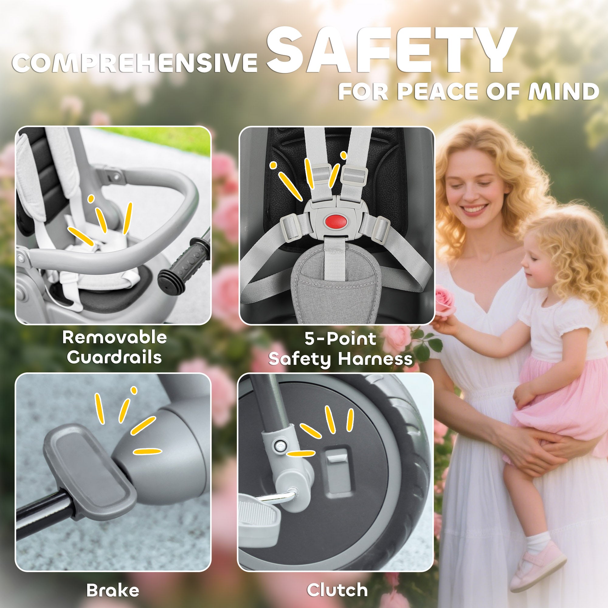 6 in 1 Foldable Kids Trike with Adjustable Parent Handle & Canopy for Ages 1-5, Grey