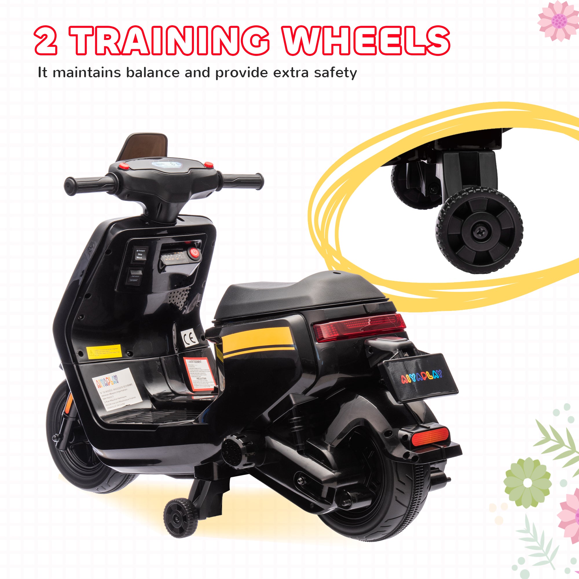 6V Ride on Motorbike, Kids Electric Motorbike w/ Headlights, Music, Training Wheels, for Ages 18-36 Months