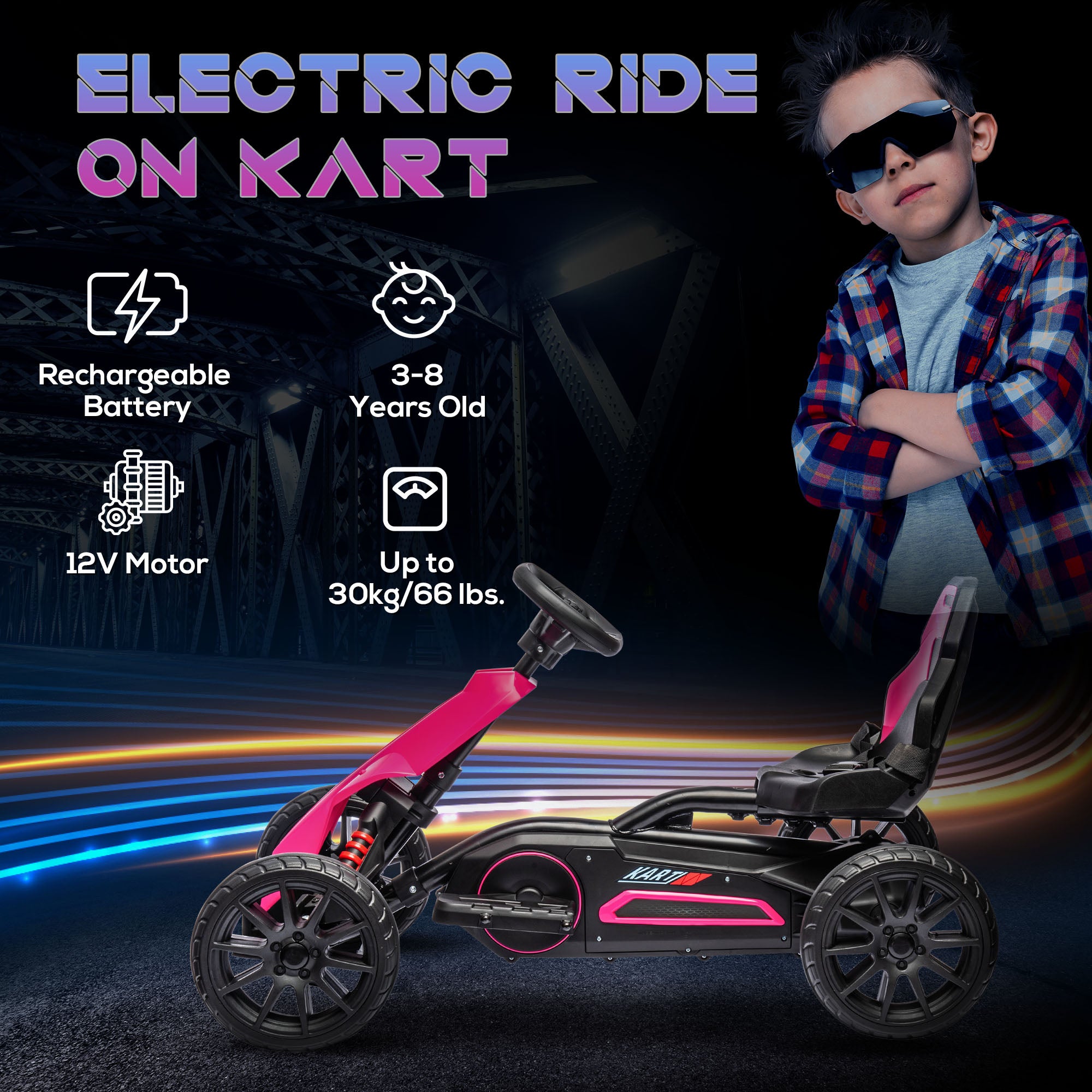 12V Electric Go-Kart for Kids, Ride-On Racing Go-Kart, with Forward and Reversing Functions, for Ages 3-8 Years