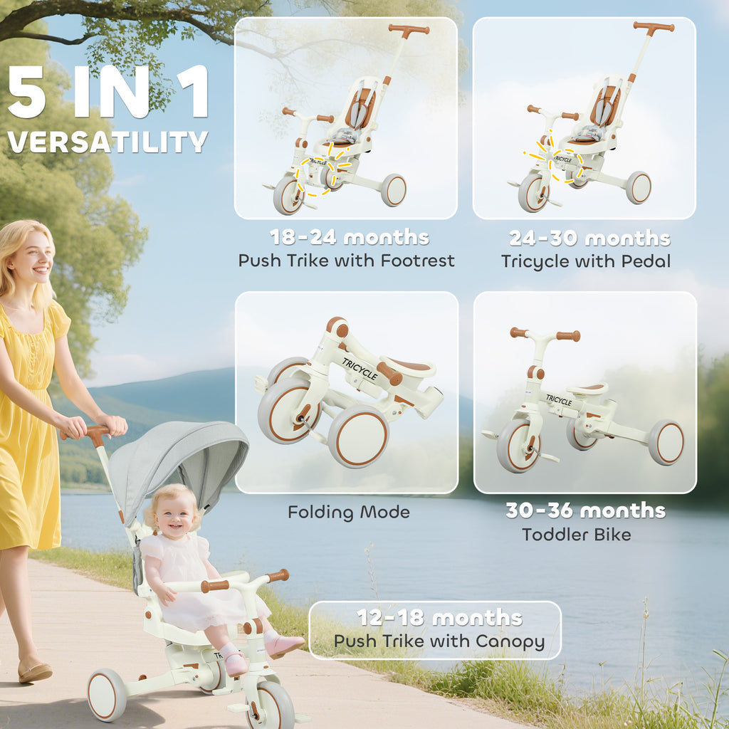 5 in 1 Kids Trike with Adjustable Backrest, Toddler Tricycle with Push Handlebar, Adjustable Backrest, Cream White