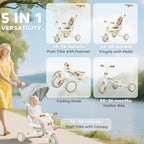 5 in 1 Kids Trike with Adjustable Backrest, Toddler Tricycle with Push Handlebar, Adjustable Backrest, Cream White